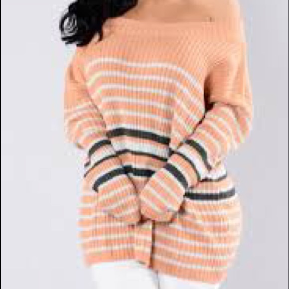 Fashion Nova Sweaters - Strips Sweater Off the Shoulder 🧡 Peach-Multi/L